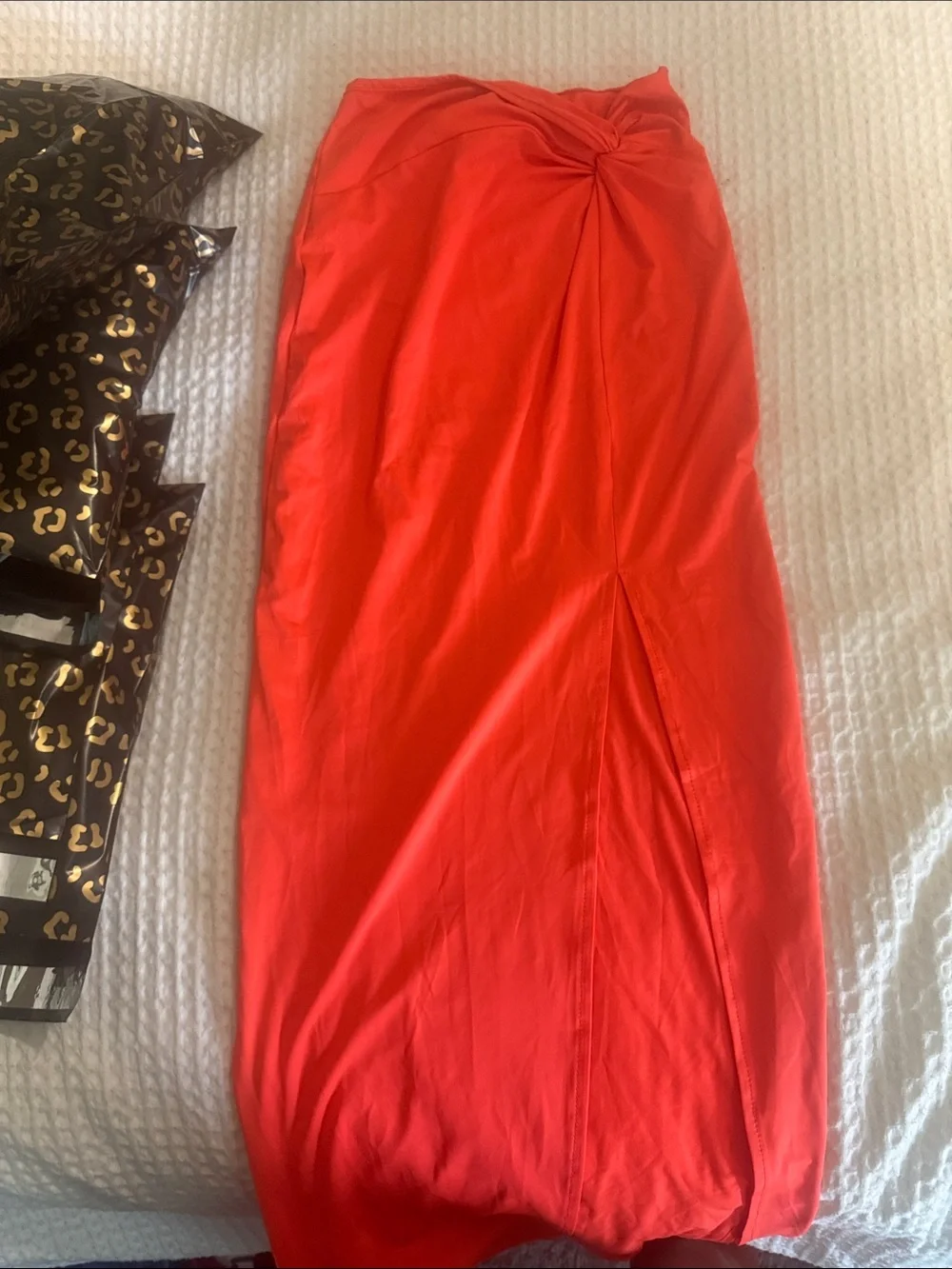 Bright Orange Twist-Front Midi Skirt